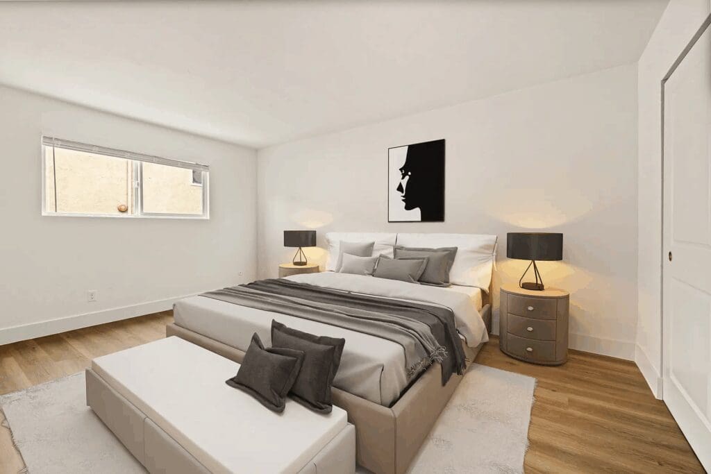 Apartments Near Silva- Terraza Hills - Spacious Bedroom Featuring Wood-Style Flooring And Chic Furniture